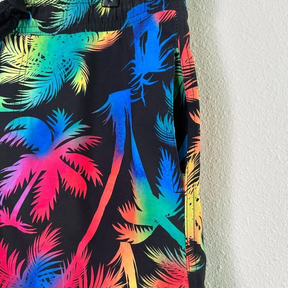 Surf Society Swim Trunks Shorts Mens Size L Black Neon Ombre Palm Floral Pockets